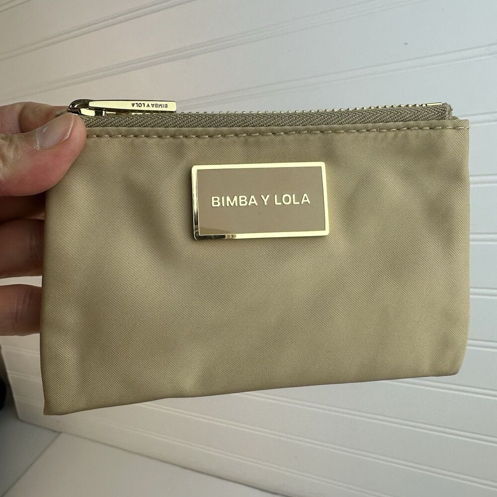 Bimba y Lola Nylon Zip Coin Pouch Wallet Khaki Tan Gold Hardware Small